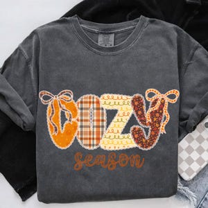 Może przedstawiać: Ciemnoszara koszulka z długim rękawem z napisem "COZY SEASON" w patchworkowym wzorze. Litery są w kolorze pomarańczowym, w kratę, żółtym i w jesiennych wzorach. Słowo "season" jest w brązowej czcionce.