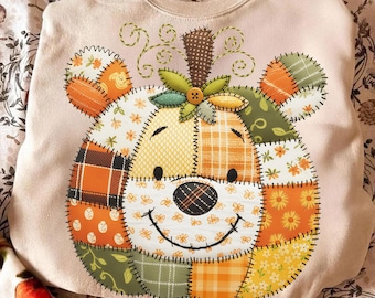 Herfst patchwork pompoen Pooh png, herfst Winnie de Poeh png, herfst geruite stoffen png, schattige Thanksgiving png, herfstdier png