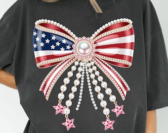Patriotic Pearl Bow PNG, Red White Blue Star Bow Sublimation, 4th Of July Glitter Bow PNG, Independence Day Shirt Design, USA Png