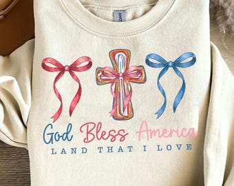 God Bless America Cross PNG, Patriotic Christian Sublimation Design, Red White Blue Bow PNG, Faith Shirt Design For 4th Of July