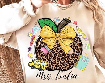 Personalized Teacher Apple Png, Leopard Print Apple With Pencil Bow Bus Books Png, Cute School Sublimation, Back To School Teacher Design