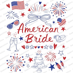 Op de afbeelding: Een verzameling patriottische illustraties in rood, wit en blauw. Bevat een Amerikaanse vlag, vuurwerk, sterren, harten, zonnebrillen, champagneglazen, trouwringen, een taart en de tekst "American Bride."