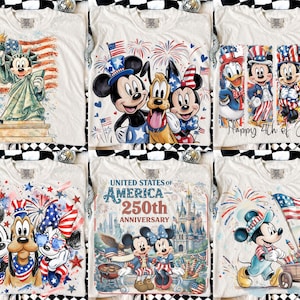 May include: Off-white t-shirts featuring patriotic designs with Disney characters. Designs include Mickey Mouse as the Statue of Liberty, Mickey, Minnie, and Pluto with fireworks, and a 250th Anniversary design. Each shirt has a unique graphic.