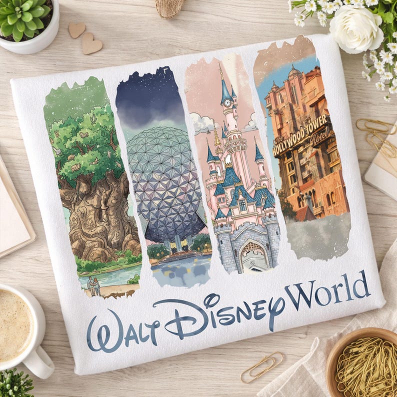 May include: White rectangular canvas featuring four colorful illustrations of Disney World landmarks: Animal Kingdom's Tree of Life, Epcot's Spaceship Earth, Cinderella's Castle, and Hollywood Tower Hotel. The words "Walt Disney World" are written in blue script.