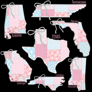 May include: A collection of patchwork state outlines, including Alabama, Tennessee, Florida, Texas, Georgia, Carolina, and Mississippi. Each state is composed of pink, blue, and white floral and gingham patterns, with a decorative bow.