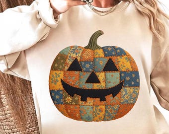Patchwork Pumpkin Png, Quilted Pumpkin Halloween Sublimation, Vintage Fall Jack O Lantern Png, Rustic Autumn Pumpkin Png