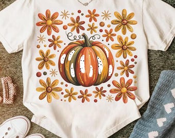 Fall Pumpkin With Flowers Png, Retro Floral Pumpkin Sublimation Design, Autumn Vintage Shirt Design, Thanksgiving Fall Png