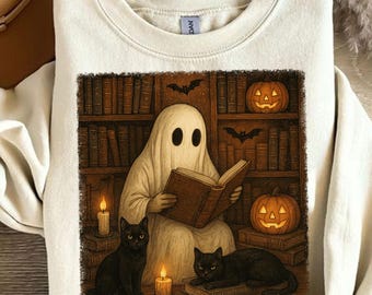 Spooky Ghost With Book Png, Halloween Reading Nook, Gothic Library Ghost Png, Fall Pumpkin Candle Cat Design, Dark Academia Halloween Png