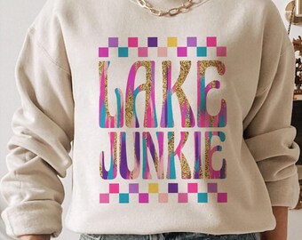 Lake Junkie PNG, Summer Lake Life Sublimation Design, Colorful Retro Graphic for Lake Lover, Vacation T-Shirt PNG Download