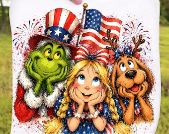 4th of July Green Mean Guy PNG, Grinc and Friends Patriotic Design, USA Flag with Fireworks & Fun Holiday Characters