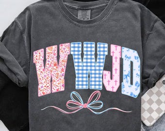 WWJD Png, Christian Pastel Sublimation, Floral Faith Shirt Design, Coquette Bow Bible Verse Png, Jesus Inspired Graphic, Gingham Retro Png