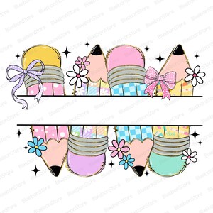 May include: A colorful digital illustration featuring pencils and light bulbs with floral and bow accents. The pencils have black tips and are decorated with various patterns. The light bulbs are yellow, pink, and purple. The design is framed by a black line.