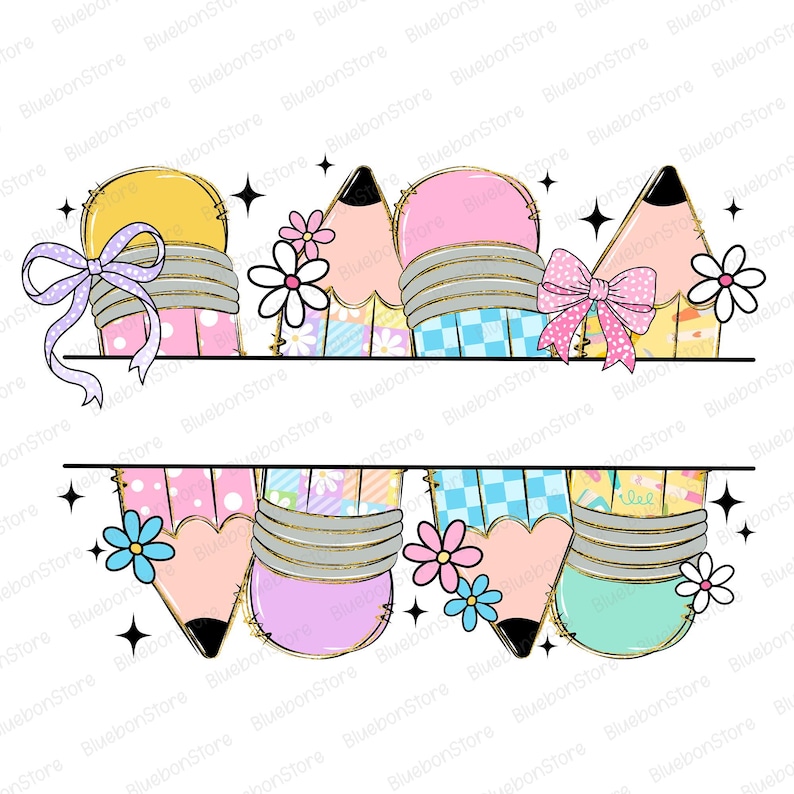 May include: A colorful digital illustration featuring pencils and light bulbs with floral and bow accents. The pencils have black tips and are decorated with various patterns. The light bulbs are yellow, pink, and purple. The design is framed by a black line.
