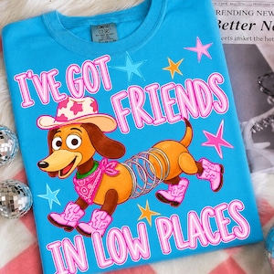 May include: A bright blue t-shirt featuring a graphic of a brown dachshund toy with a metal spring body, wearing a pink cowboy hat, a pink bandana, and pink cowboy boots. The text reads I'VE GOT FRIENDS IN LOW PLACES, surrounded by colorful stars.