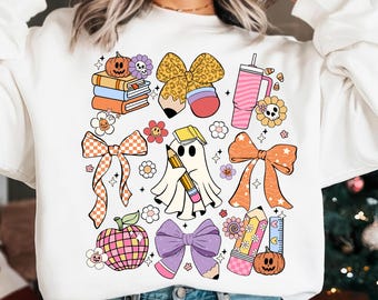 Preppy Ghost Teacher Png, Halloween Teacher Png, Spooky School Png, Back to School Halloween Png, Coquette Bow Pencil Png,  Spooky vibes Png