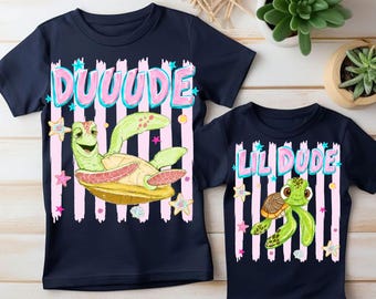 Lil Dude and Duuude Sea Turtle PNG, Retro Striped Ocean Sublimation Design, Cute Turtle Family Vacation Clipart, Instant Download