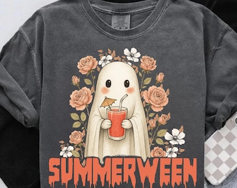 Summerween Ghost Png, Cute Halloween Summer Png, Floral Spooky Ghost Png, Aesthetic Boo Tropical Drink Design, Funny Fall Beach Shirt