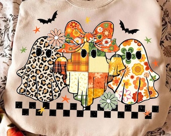 Patchwork Ghost Trio Png, Preppy Halloween Ghost Png, Fall Leopard Bow Png, Cute Spooky Autumn Png, Cozy Spooky Fall Png, Floral Patchwork