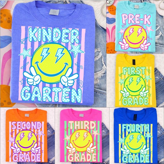 Back To School PNG Bundle, Retro Smiley Face Kindergarten Shirt Design, Preppy Lightning Bolt Grade PNG