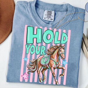 May include: A light blue Comfort Colors t-shirt with the words "HOLD YOUR" in turquoise and a brown horse graphic. Pink vertical stripes and star graphics are also present. A gold necklace is draped across the shirt.