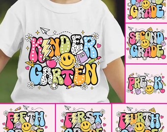 Cute Back To School Grade Png Bundle, Cute Colorful School Shirt Design, Kindergarten To 5th Grade Sublimation, Smiley Face Png Digital