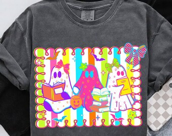 Neon Ghost Reading Png, Cute Halloween Book Ghosts Sublimation, Spooky Coquette Png, Kawaii Ghost Png, Teacher Halloween Png