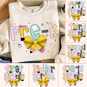 Back To School Png Bundle, Cute Teacher Grade Level Shirt Design, PreK To 5th Grade Pastel Pencil Bow Sublimation Png Digital