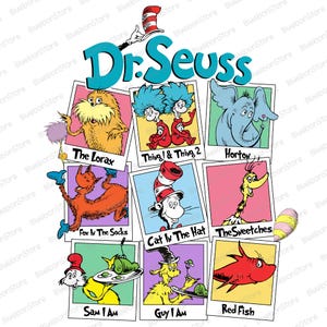 Dr. Seuss Retro Storybook Characters PNG, Vintage Cartoon Illustration Digital Download, Colorful Kids Book Inspired PNG Whimsical Aesthetic