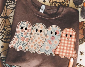 Retro Floral Ghost Png, Retro Fall Halloween Png, Autumn Pastel Ghost Png, Gingham Floral Ghost Shirt Png, Halloween Ghost Design