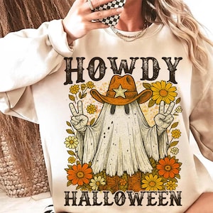 Howdy Halloween Png, Cowboy Ghost Fall Png, Western Halloween Sublimation, Peace Sign Ghost Png, Rustic Fall Vintage Floral Png