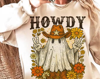 Howdy Halloween Png, Cowboy Ghost Fall Png, Western Halloween Sublimation, Peace Sign Ghost Png, Rustic Fall Vintage Floral Png
