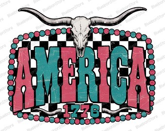 America 1776 Png, Western Cow Skull Png, Retro Checkered Country Graphic, Southern USA Flag Png, 4th Of July Png, Vintage Cowgirl Png