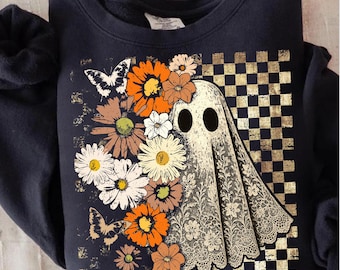 Fantasma floral vintage PNG, sublimación de Halloween grunge retro, fantasma de encaje con flores, fondo a cuadros, diseño estético otoñal