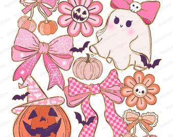 Pink Halloween PNG, Ghost With Bow Sublimation, Kawaii Pumpkin Clipart, Cute Halloween Graphic, Sweet Spooky Girl Shirt Design