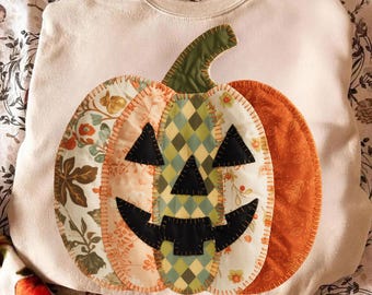 Quilted Fall Pumpkin Png, Patchwork Halloween Sublimation Design, Rustic Fall Jack O Lantern Png, Vintage Fabric Pumpkin Shirt Png