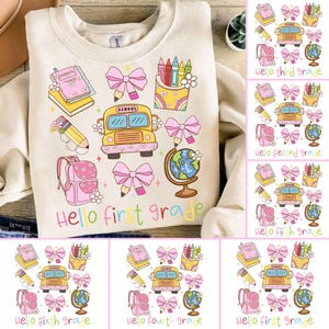 Back To School Png Bundle, Hello First Day Grade Level Png Bundle, Pink Cute Bow School Png, Teacher Shirt Sublimation Png