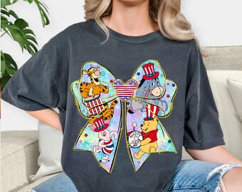 Winnie The Pooh Patriotic Animal Bow PNG, 4th Of July Cute Animals PNG, Red White Blue Bow Png, Independence Day Shirt Design, USA Pride Png