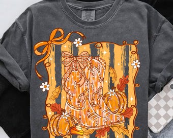 Herbst Cowboy Stiefel Png, Western Kürbis Bogen Shirt Design, Herbst Cowgirl Sublimation Png, rustikaler Herbst Png Digital Download