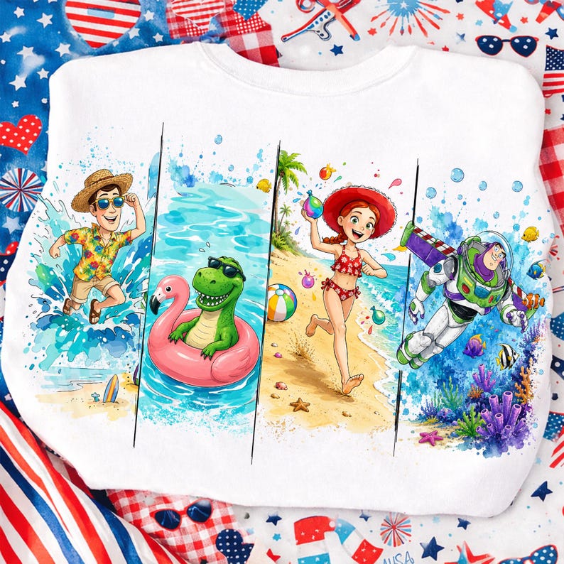 May include: White sweatshirt featuring a colorful beach scene with cartoon characters. The design includes a man in a straw hat, a dinosaur in a flamingo float, a girl in a red bikini, and Buzz Lightyear. The background has water and beach elements.