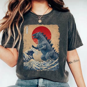 Godzilla PNG Japanese Style, Vintage Kaiju Art Png, Retro Monster Wave Design, Godzilla Sublimation Png, Japanese Sunset Shirt Design