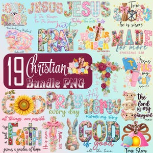 May include: A collection of Christian-themed PNG graphics with floral and pastel designs. The image includes phrases like "God is good," "Pray," and "Jesus," along with crosses, a lamb, and a bunny. The text "19 Christian Bundle PNG" is also present.