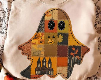 Patchwork Ghost Png, Halloween Ghost Png, Vintage Halloween Sublimation, Spooky Fall Ghost Png, Rustic Halloween Shirt Design
