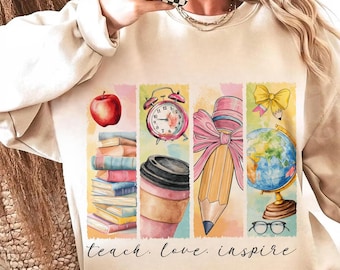 Retro Teacher Png, Teach Love Inprire Png, Teacher Back To School Png, First Day Of School Png, Teacher Appreciation, Pencil Bow Sublimation
