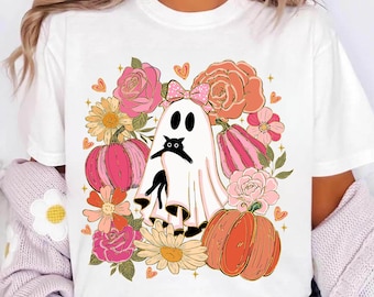 Cute Ghost With Black Cat Png, Halloween Floral Ghost Sublimation, Pink Pumpkin Fall Shirt Png, Spooky Season Png Design