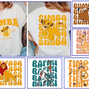May include: Six different t-shirt designs featuring characters from the Lion King movie. The designs include Simba, Mufasa, Rafiki, and Timon. Each design features the character's name in a retro font with a colorful background.