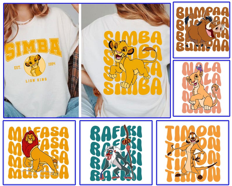 May include: Six different t-shirt designs featuring characters from the Lion King movie. The designs include Simba, Mufasa, Rafiki, and Timon. Each design features the character's name in a retro font with a colorful background.