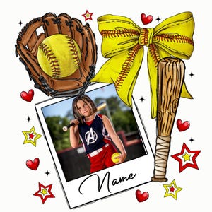 May include: A digital illustration of a softball player with a yellow bow, a baseball bat, a glove, and a softball. The image has a polaroid frame with the word "Name" written at the bottom. The background is white with red and yellow stars and hearts.