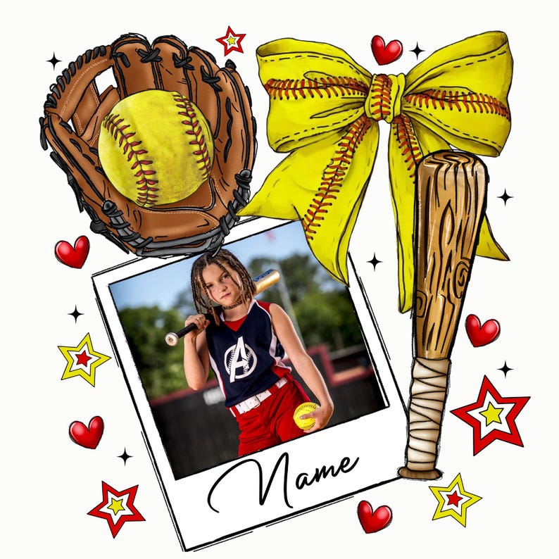 May include: A digital illustration of a softball player with a yellow bow, a baseball bat, a glove, and a softball. The image has a polaroid frame with the word "Name" written at the bottom. The background is white with red and yellow stars and hearts.