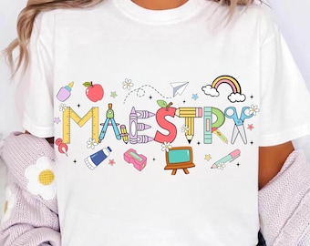 Maestra png, sublimatieontwerp voor leraar Spaans, terug naar school regenboog schattig krijtpotlood appelbestand, digitale download voor shirts