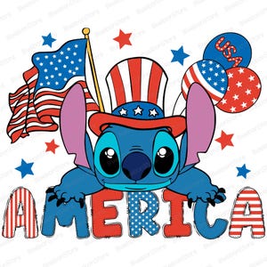 May include: A blue cartoon character wearing a red, white, and blue Uncle Sam hat, with the word "AMERICA" in red, white, and blue letters. The character is holding an American flag and balloons with "USA" on them. Red and blue stars are scattered around the image.